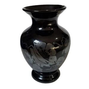 Vintage Fenton Hand Painted Silver Poppies Black Glass Vase Artist Signed 1980s